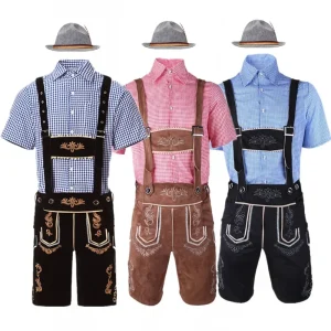 Costume de Fête Bavarois Homme Chemise à Carreaux et Lederhosen Short