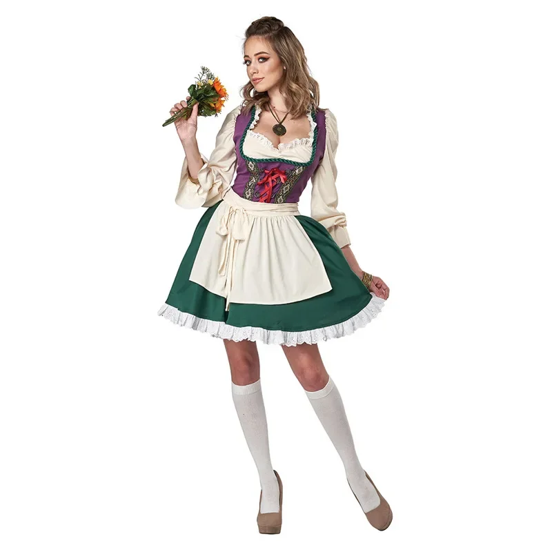 Robe Dirndl Traditionnelle Femme Vert et Violette avec Blouse et Jupe Évasée - Imagen 4