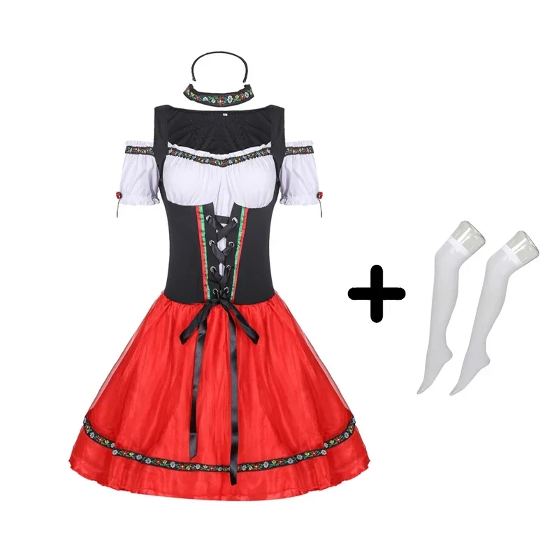 Robe Dirndl de Fête pour Femme – Corset Noir Lacé, Jupe Rouge et Blouse Blanche - Imagen 8