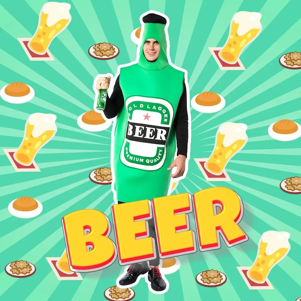 Déguisement Bouteille de Bière Verte Adulte avec Coiffe Intégrée et Imprimé "BEER" - Imagen 8