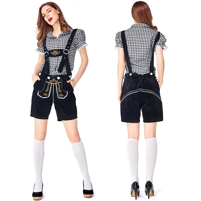 Ensemble Lederhosen Femme Carreaux Chemise et Short à Bretelles Style Bavarois - Imagen 7