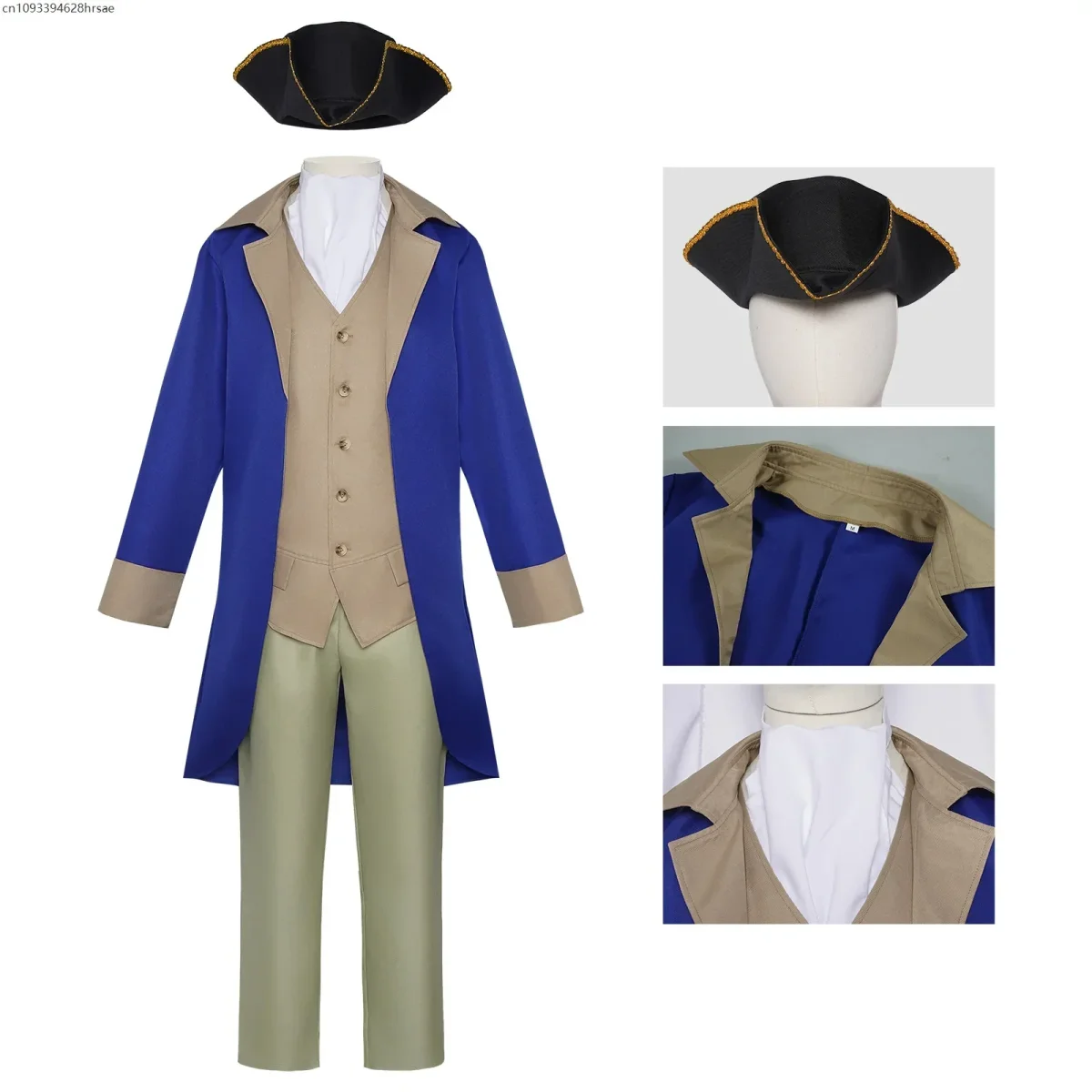 Costume historique homme bleu et beige avec tricorne et gilet - Imagen 6