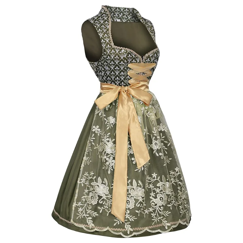 Robe Dirndl Traditionnelle Femme Vert Olive avec Nœud Doré et Broderies Florales - Imagen 3