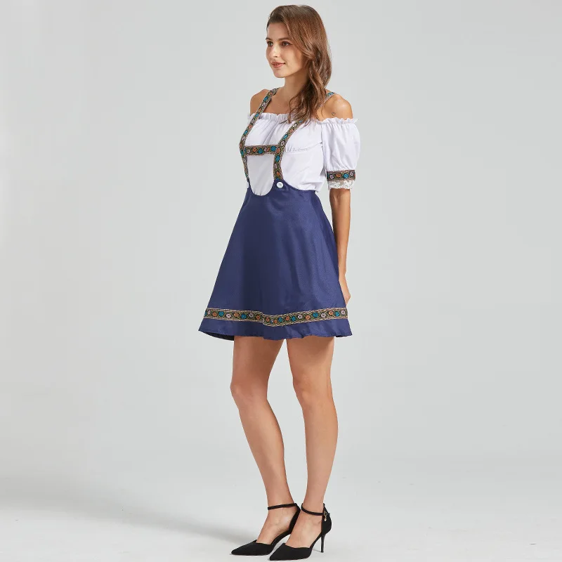 Robe Dirndl Bavarois Femme Épaule Dénudée Jupe Bretelles Brodé Blanc Bleu Marine - Imagen 5