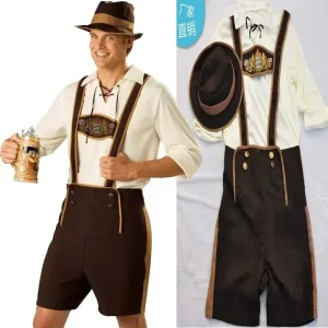 Déguisement Homme Bavarois Complet Marron et Blanc avec Bretelles et Chapeau