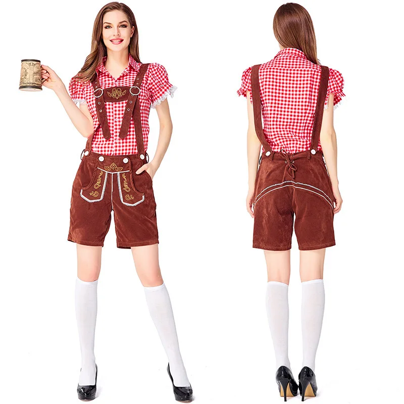 Ensemble Lederhosen Femme Carreaux Chemise et Short à Bretelles Style Bavarois - Imagen 9