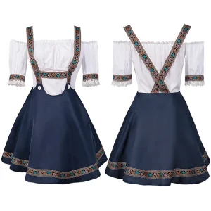 Robe Dirndl Bavarois Femme Épaule Dénudée Jupe Bretelles Brodé Blanc Bleu Marine