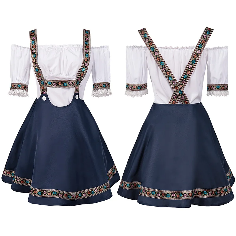 Robe Dirndl Bavarois Femme Épaule Dénudée Jupe Bretelles Brodé Blanc Bleu Marine - Imagen 2