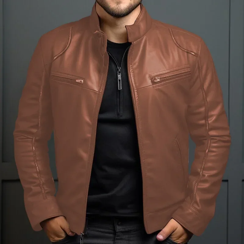 Elegante chaqueta motera de piel para hombre - Imagen 8