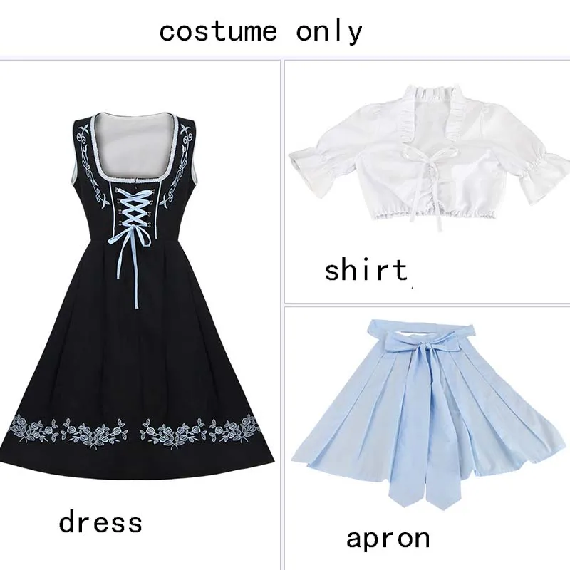 Robe Dirndl noire et bleu clair avec chemisier blanc et tablier brodé - Imagen 8