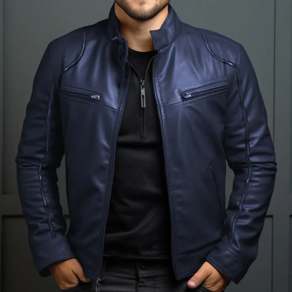 Elegante chaqueta motera de piel para hombre - Imagen 4