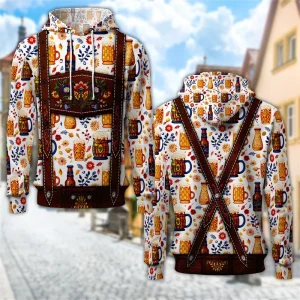Sweat à Capuche Unisexe Impression Bretelles et Motif Bavarois ou à Carreaux