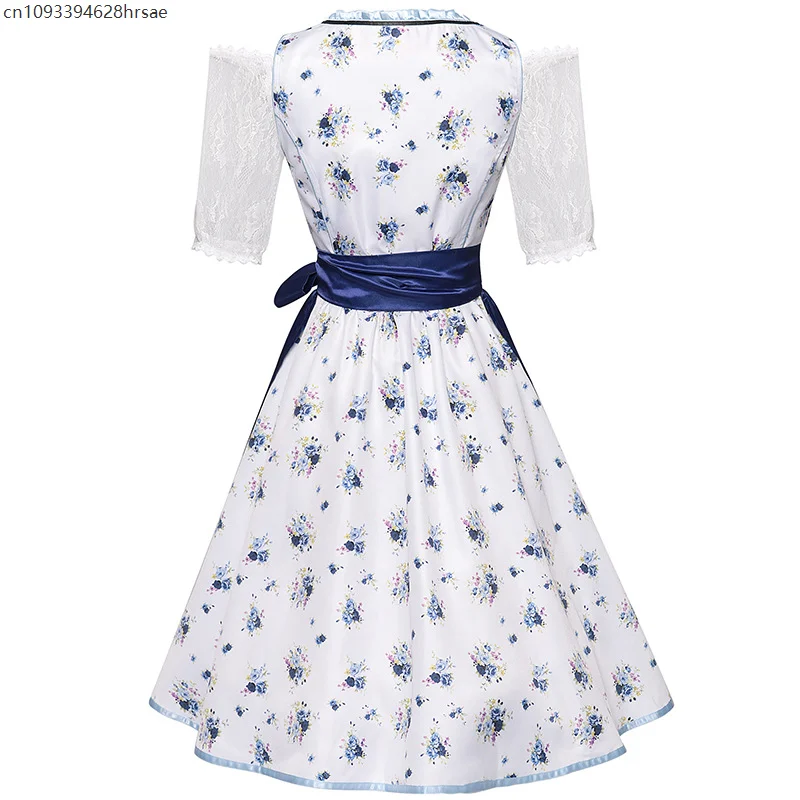 Robe Dirndl Traditionnelle Femme Bleu Blanc Fleurie avec Tablier et Chemisier - Imagen 3