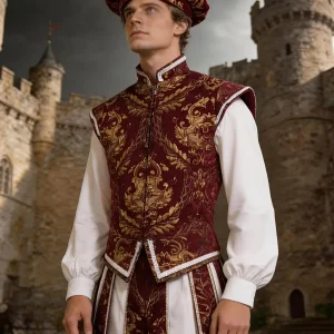 Costume historique homme bordeaux et or motif brocart avec veste sans manches, culotte et béret