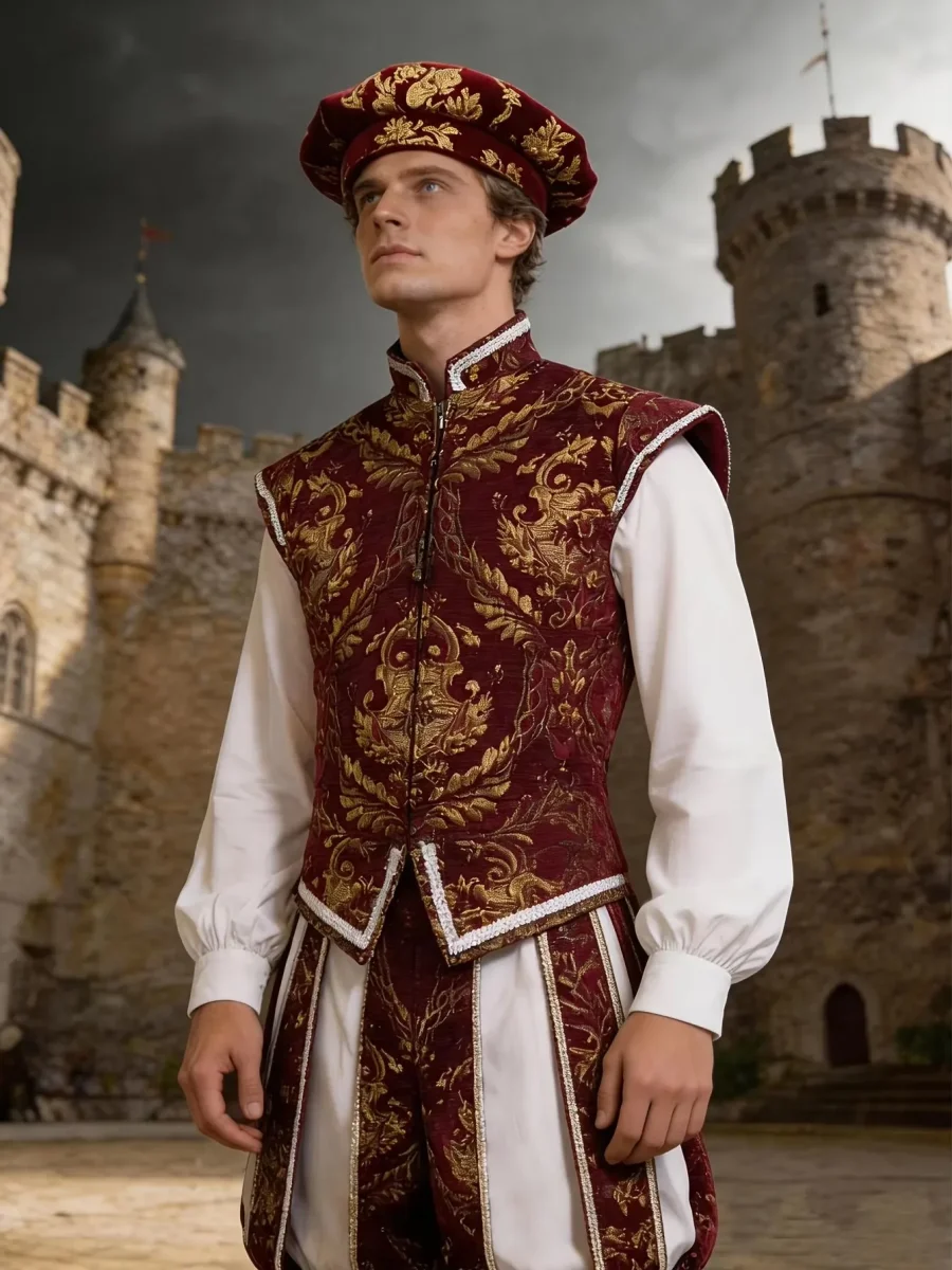 Costume historique homme bordeaux et or motif brocart avec veste sans manches, culotte et béret - Imagen 2