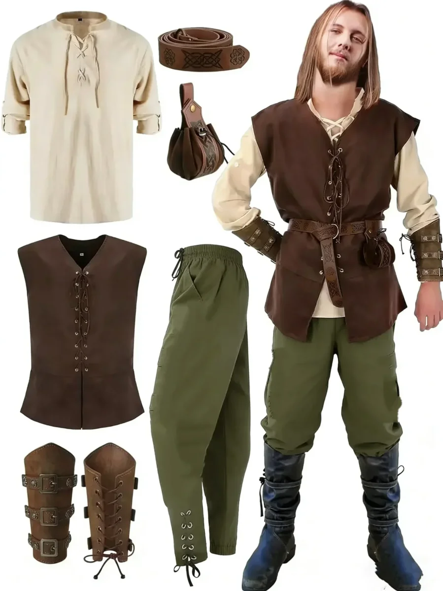 Costume Médiéval Homme Complet Veste Lacée Chemise Pantalon Ceinture Bracelet Manchette - Imagen 8