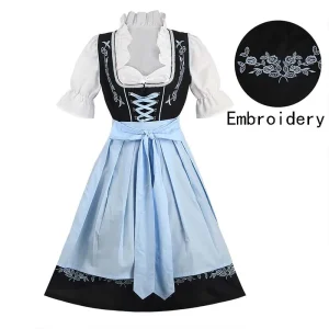 Robe Dirndl noire et bleu clair avec chemisier blanc et tablier brodé