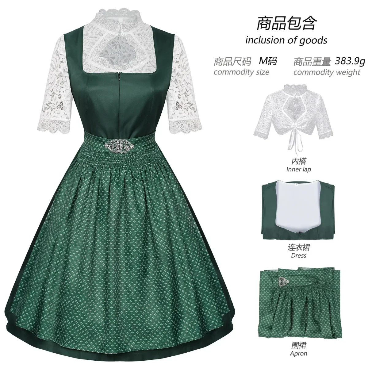 Robe Dirndl Traditionnelle Femme avec Chemisier et Tablier - Imagen 8