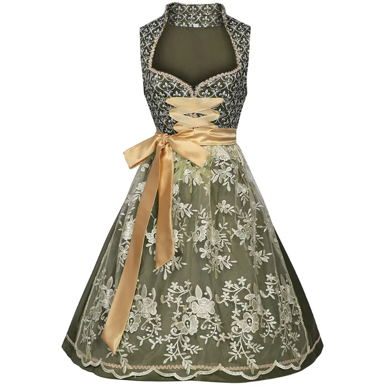 Robe Dirndl Traditionnelle Femme Vert Olive avec Nœud Doré et Broderies Florales - Imagen 6