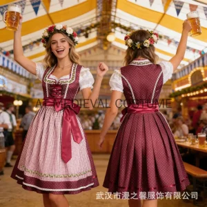 Robe Dirndl Traditionnelle Rouge et Blanche Motif Pois et Carreaux Jupe Évasée