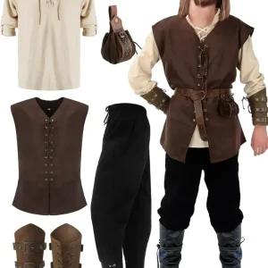Costume Médiéval Homme Complet Veste Lacée Chemise Pantalon Ceinture Bracelet Manchette