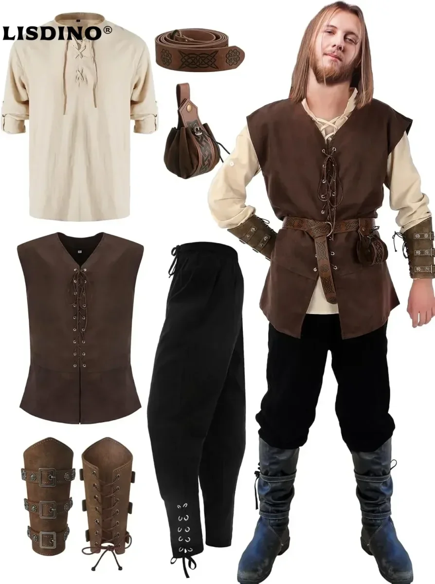 Costume Médiéval Homme Complet Veste Lacée Chemise Pantalon Ceinture Bracelet Manchette