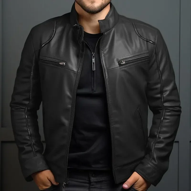Elegante chaqueta motera de piel para hombre - Imagen 3