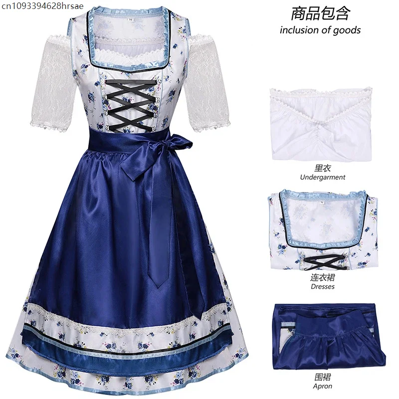Robe Dirndl Traditionnelle Femme Bleu Blanc Fleurie avec Tablier et Chemisier - Imagen 8