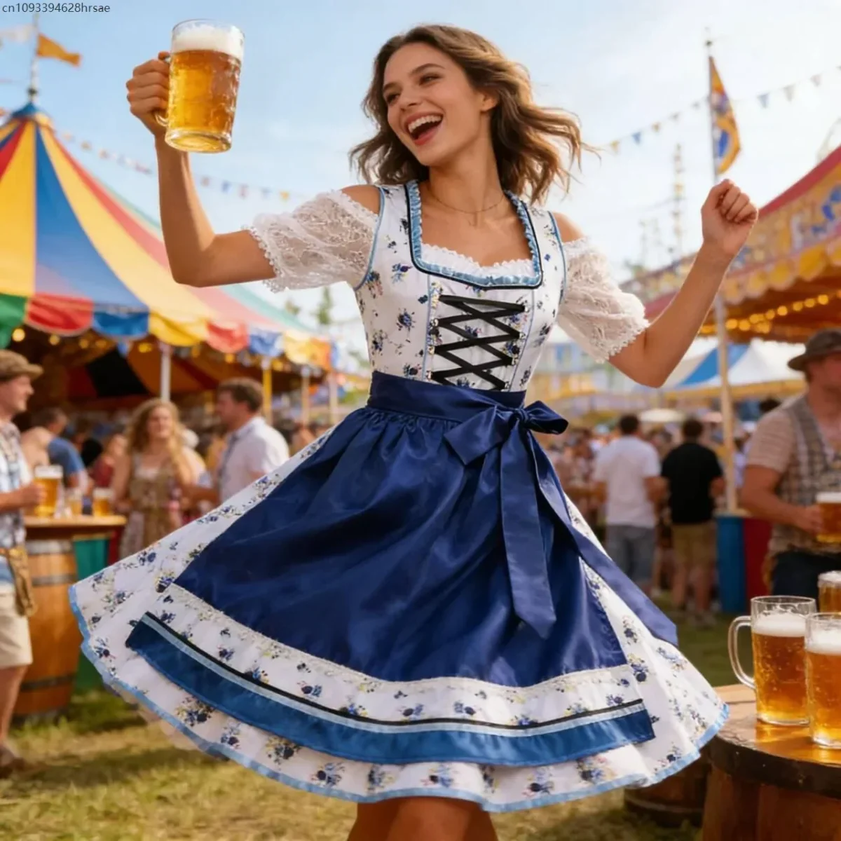 Robe Dirndl Traditionnelle Femme Bleu Blanc Fleurie avec Tablier et Chemisier - Imagen 7