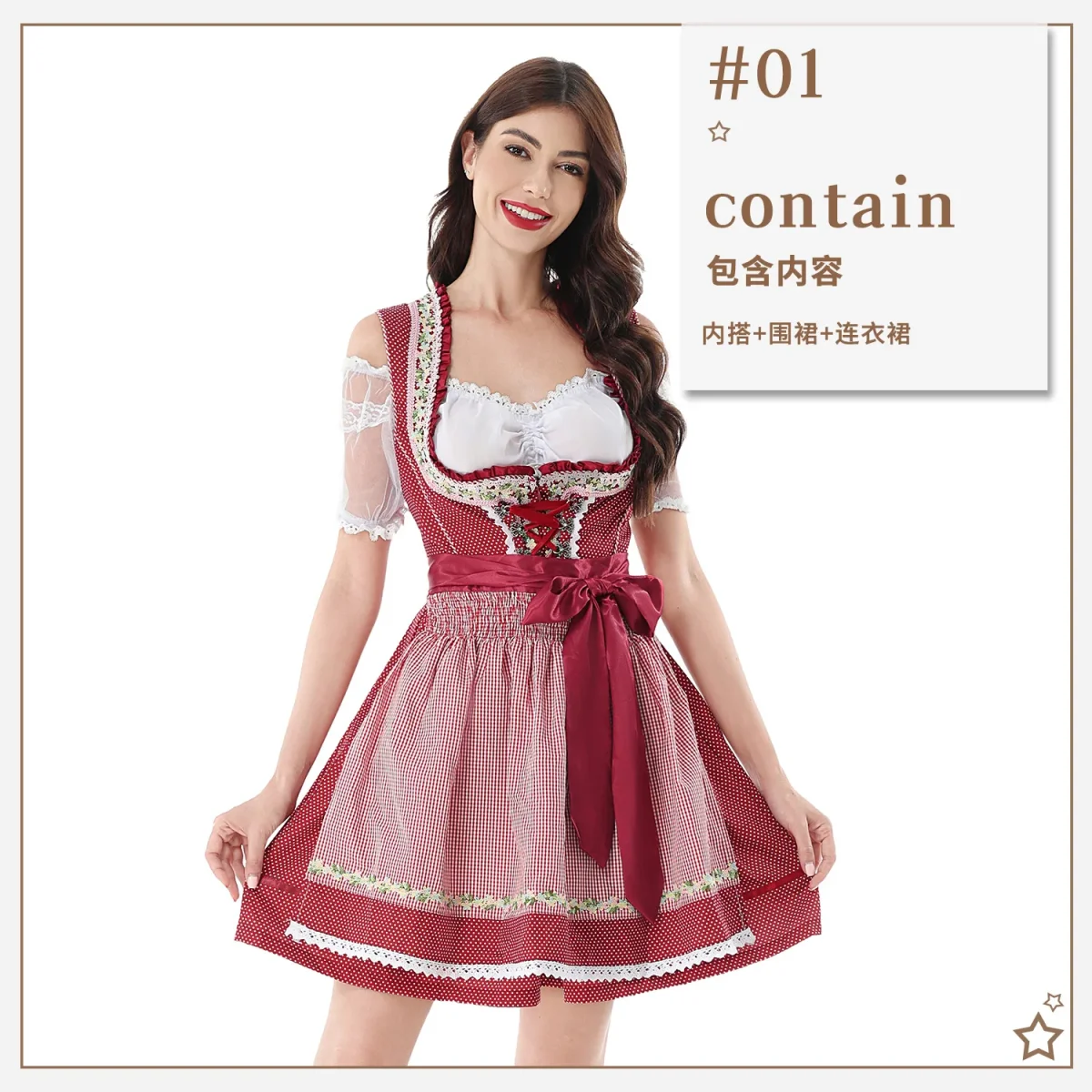 Robe Dirndl Courte Motif Carreaux et Dentelle avec Blouse et Tablier Femme - Imagen 8