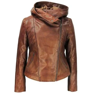 Chaqueta con capucha de piel auténtica marrón para mujer de Sasha