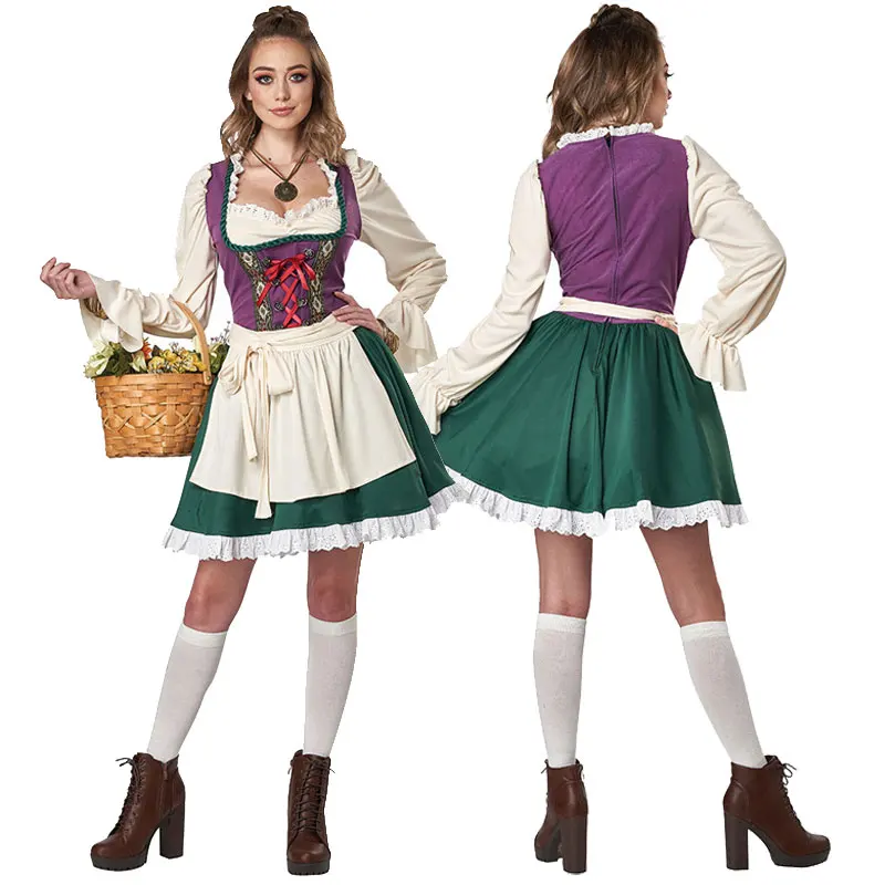 Robe Dirndl Traditionnelle Femme Vert et Violette avec Blouse et Jupe Évasée - Imagen 3