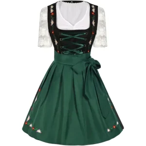 Robe Dirndl Traditionnelle Verte et Noire avec Broderies Florales et Blouse Blanche