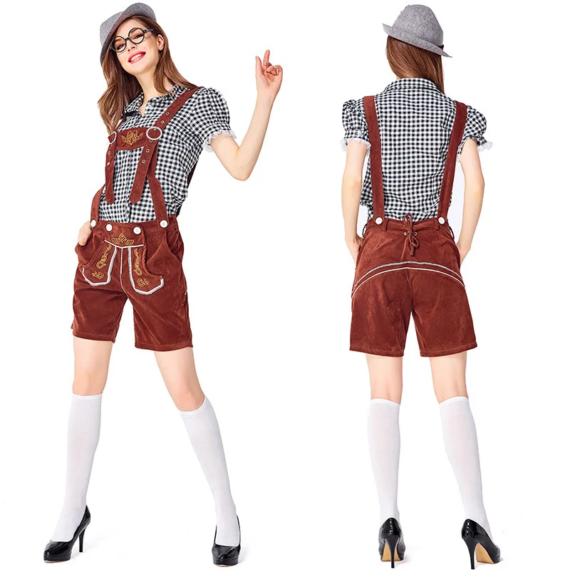 Ensemble Lederhosen Femme Carreaux Chemise et Short à Bretelles Style Bavarois - Imagen 8