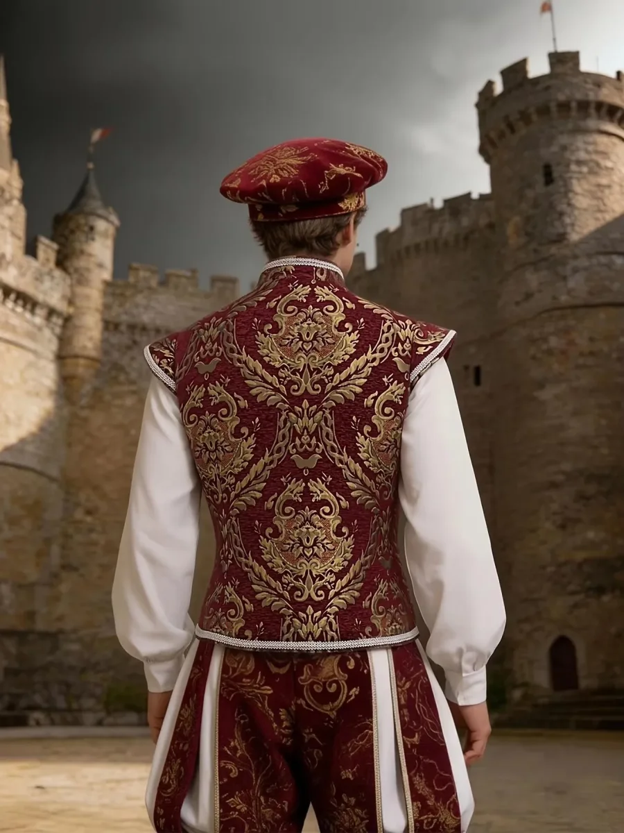 Costume historique homme bordeaux et or motif brocart avec veste sans manches, culotte et béret - Imagen 3