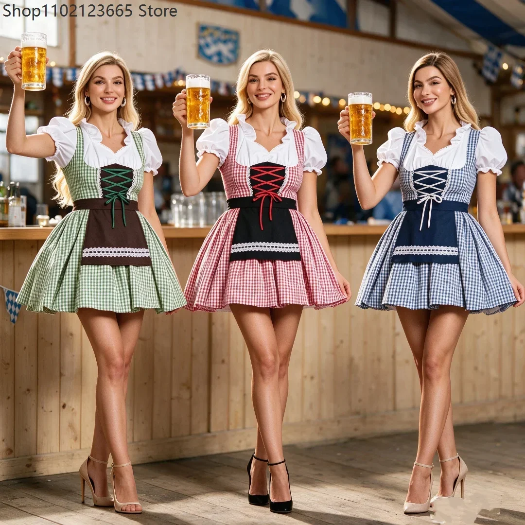 Robe Dirndl Courte Carreaux Gingham Manches Courtes Bouffantes Femme