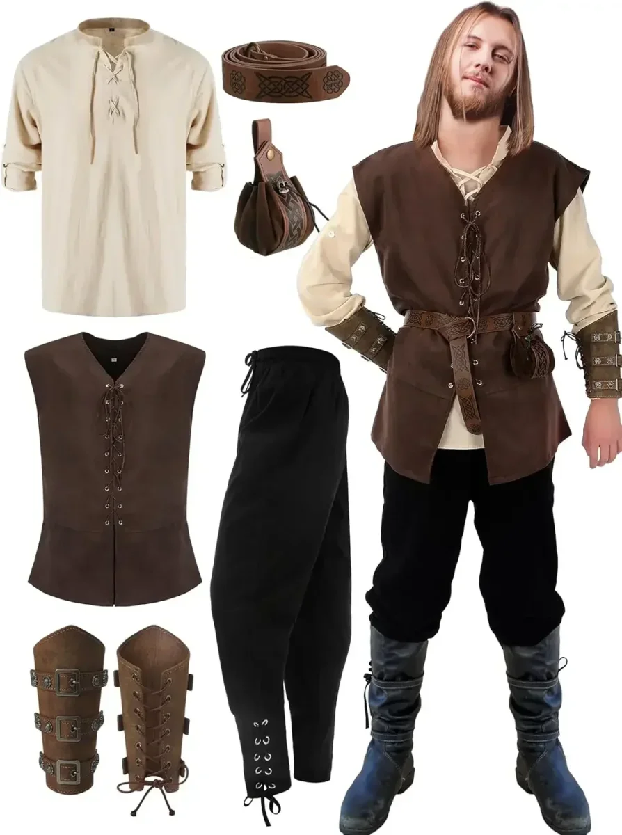 Costume Médiéval Homme Complet Veste Lacée Chemise Pantalon Ceinture Bracelet Manchette - Imagen 9