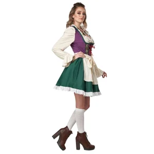 Robe Dirndl Traditionnelle Femme Vert et Violette avec Blouse et Jupe Évasée