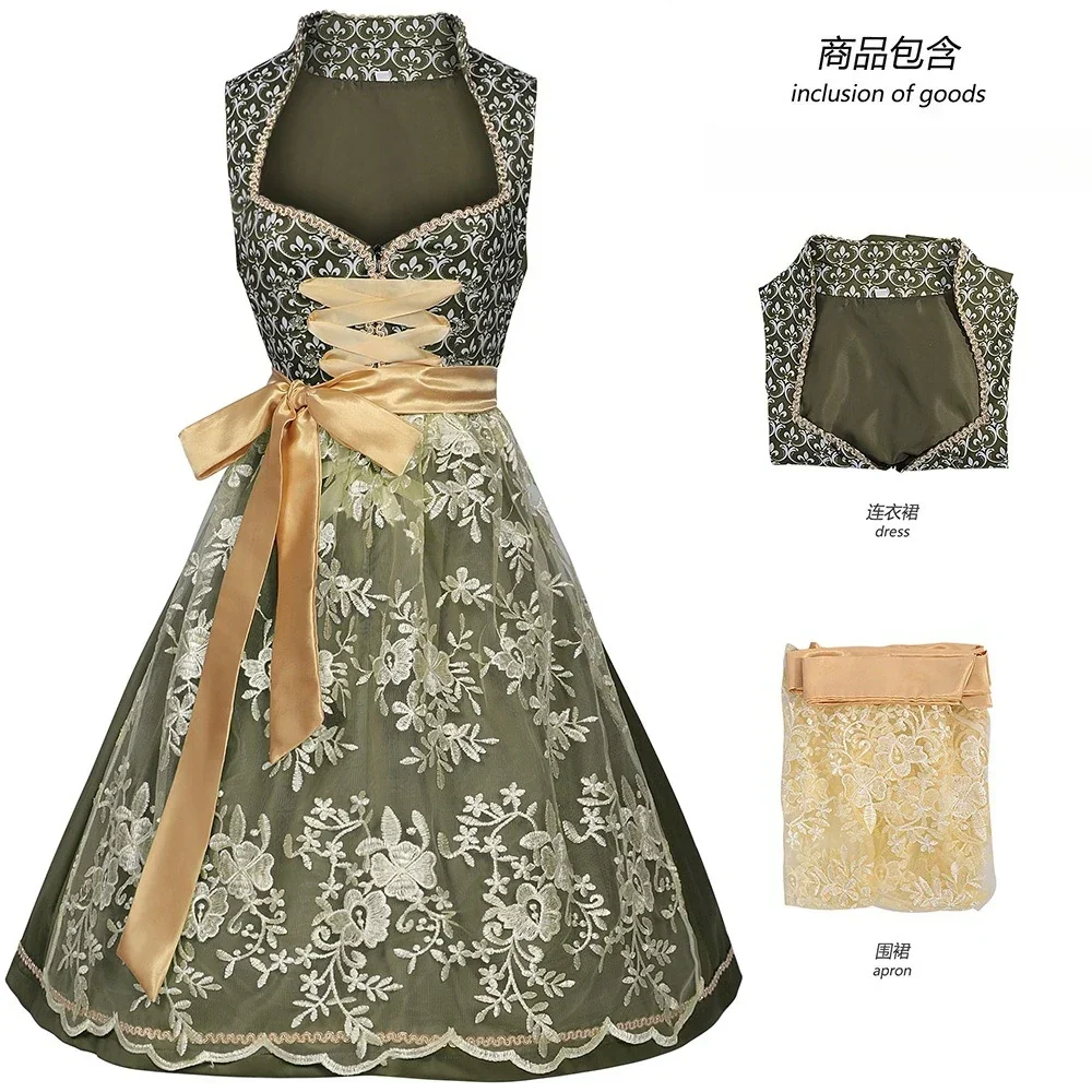Robe Dirndl Traditionnelle Femme Vert Olive avec Nœud Doré et Broderies Florales - Imagen 7
