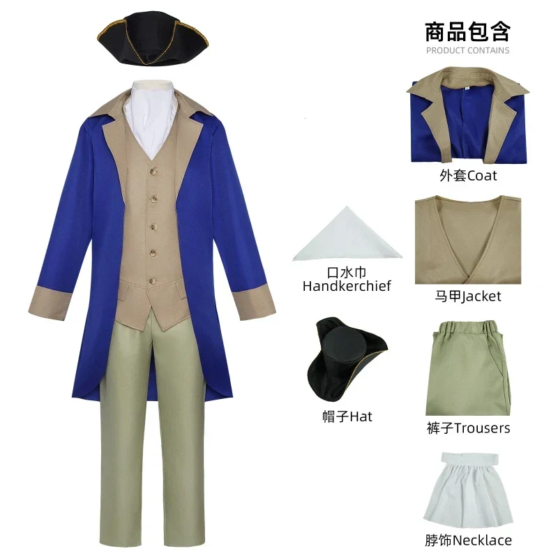 Costume historique homme bleu et beige avec tricorne et gilet - Imagen 8