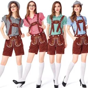 Ensemble Lederhosen Femme Carreaux Chemise et Short à Bretelles Style Bavarois