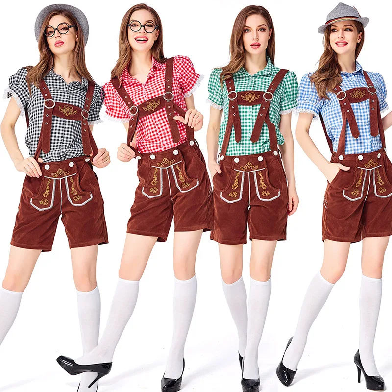 Ensemble Lederhosen Femme Carreaux Chemise et Short à Bretelles Style Bavarois - Imagen 2