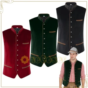 Gilet homme de style traditionnel, col montant brodé, boutons décoratifs, noir, rouge ou vert
