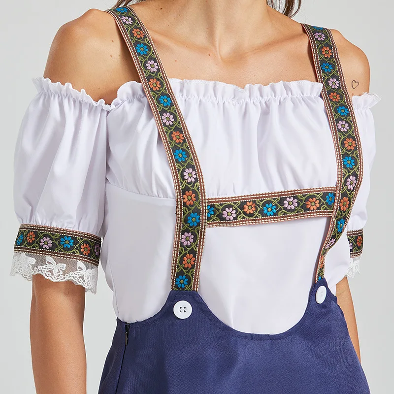 Robe Dirndl Bavarois Femme Épaule Dénudée Jupe Bretelles Brodé Blanc Bleu Marine - Imagen 6