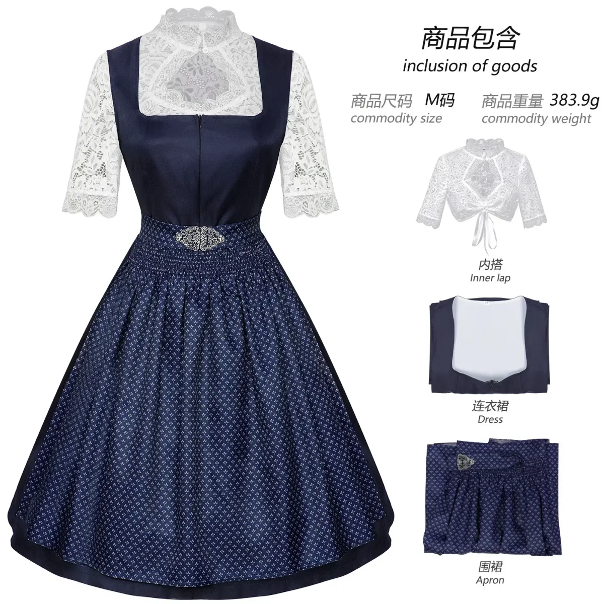 Robe Dirndl Traditionnelle Femme avec Chemisier et Tablier - Imagen 9