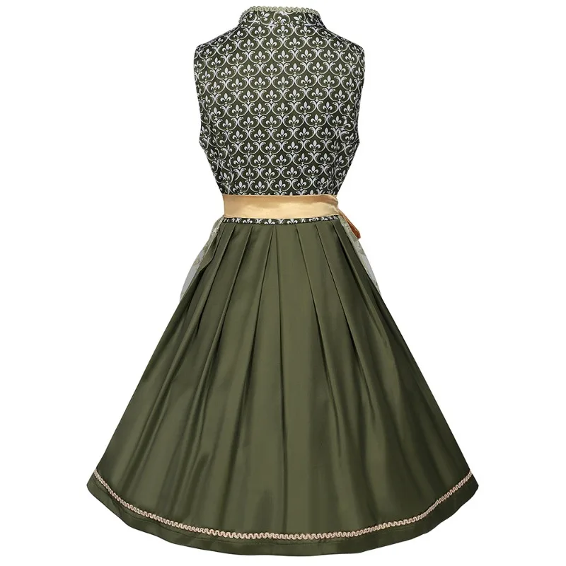 Robe Dirndl Traditionnelle Femme Vert Olive avec Nœud Doré et Broderies Florales - Imagen 4