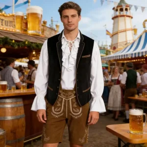 Gilet en velours brodé et chemise à jabot pour homme style traditionnel allemand