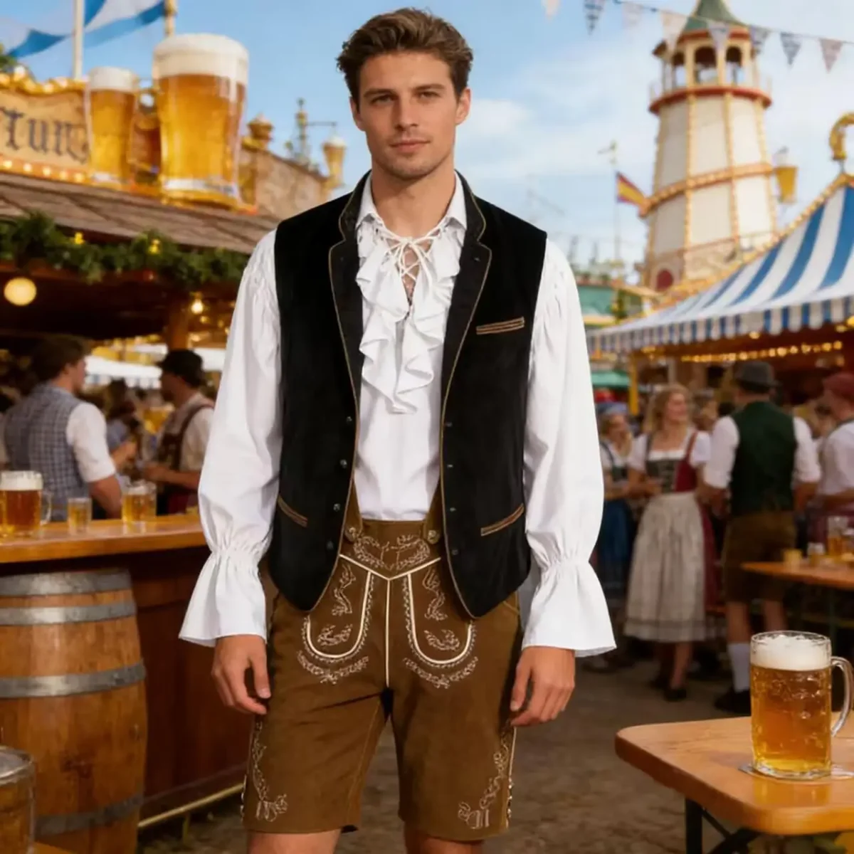 Gilet en velours brodé et chemise à jabot pour homme style traditionnel allemand - Imagen 2