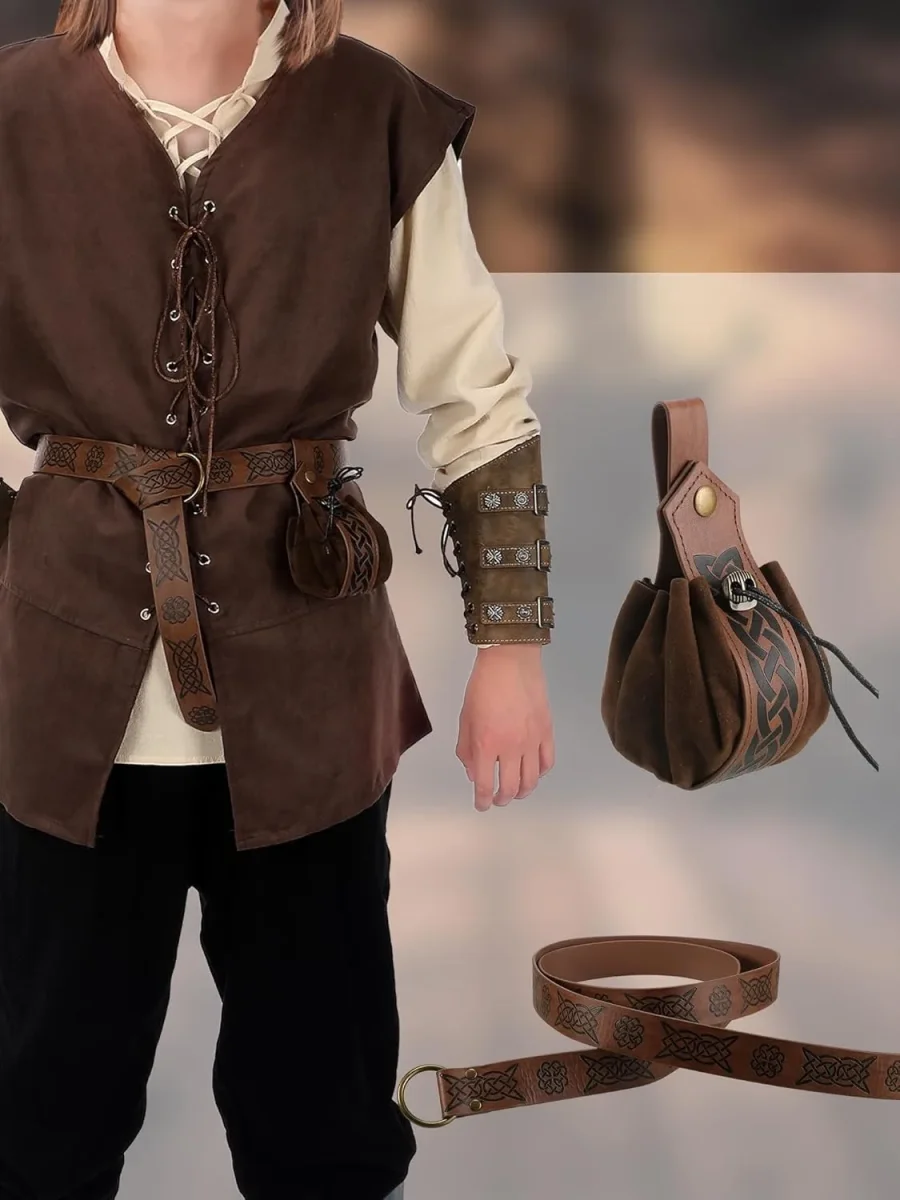 Costume Médiéval Homme Complet Veste Lacée Chemise Pantalon Ceinture Bracelet Manchette - Imagen 6