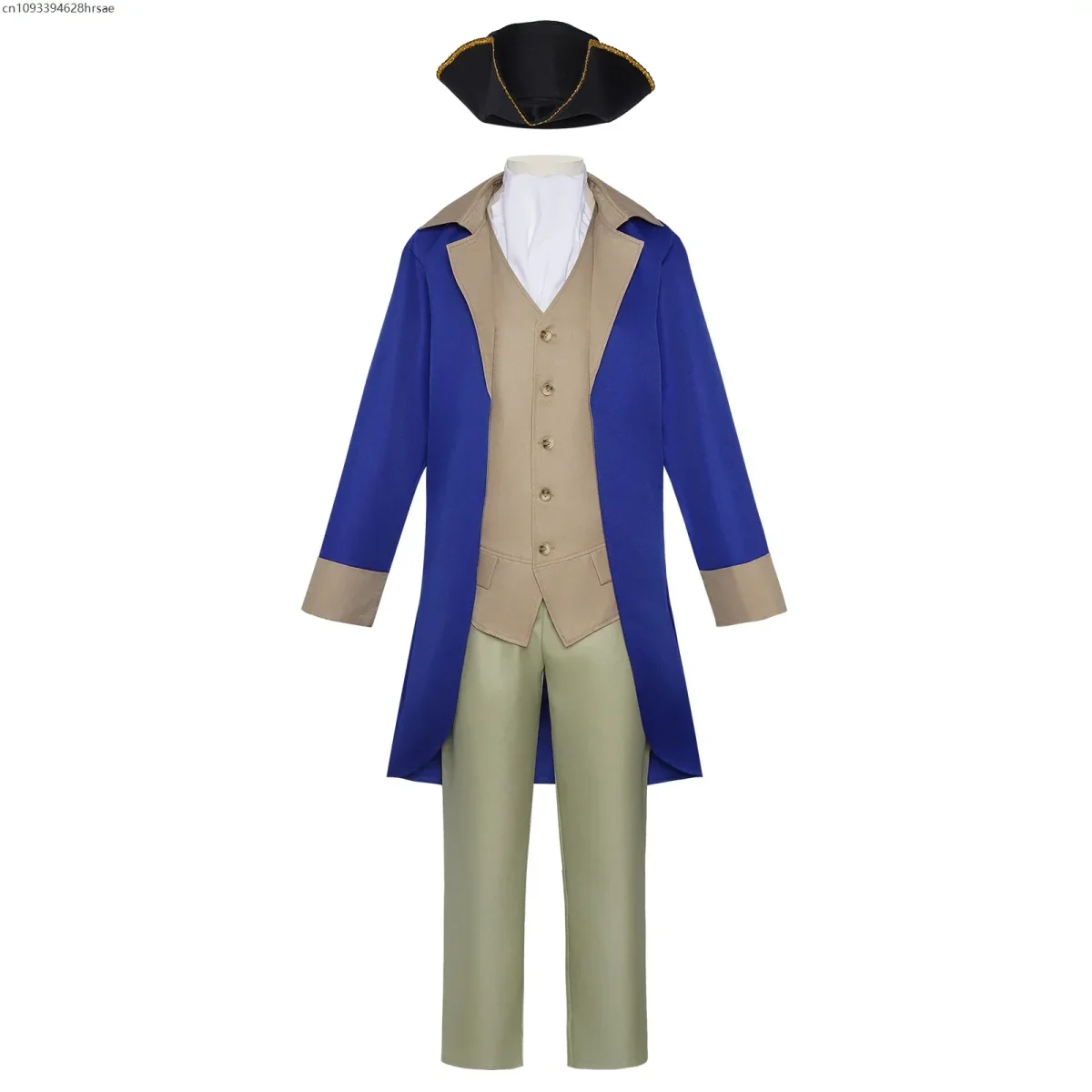 Costume historique homme bleu et beige avec tricorne et gilet - Imagen 3